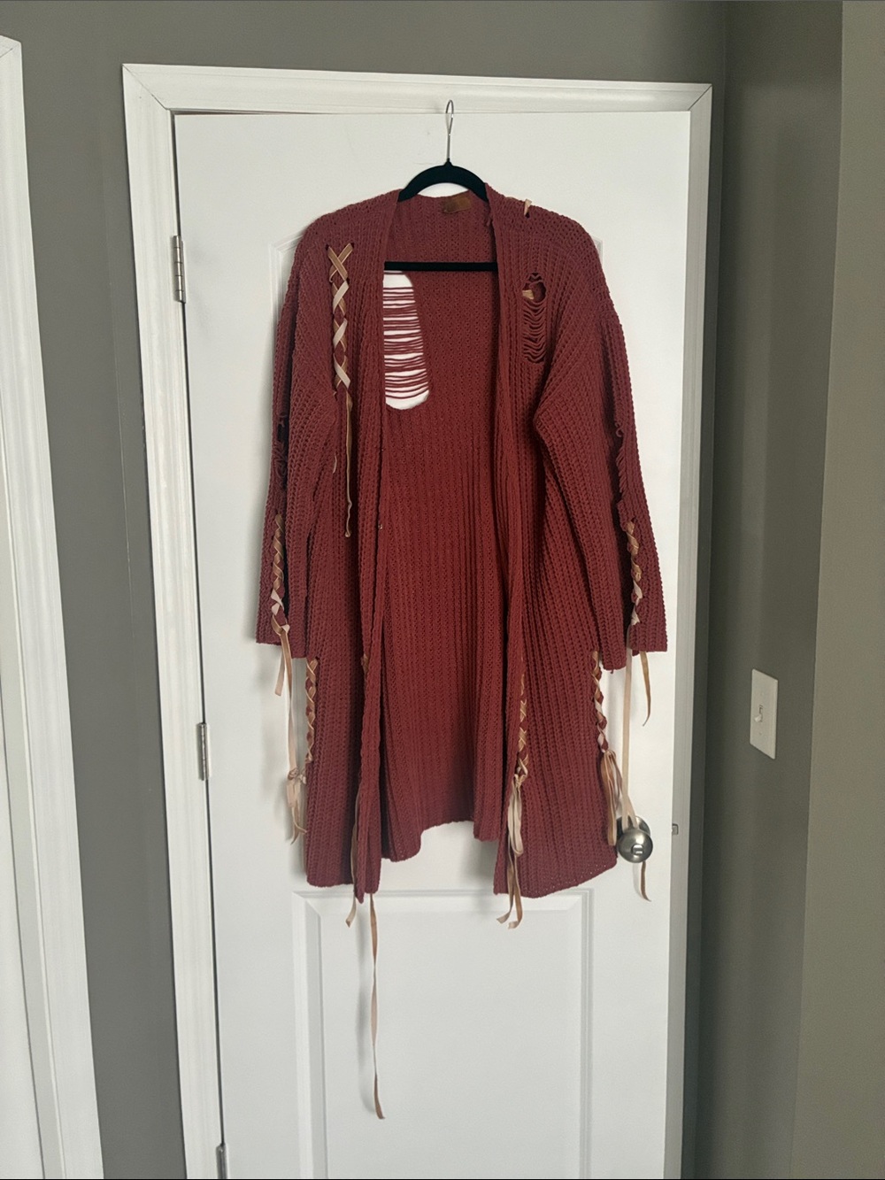 POL Open-Front Rust Knit Cardigan with Lace-Up Ribbon Accents